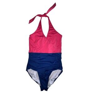 Bal Harbour Swim Women's Halter One Piece Swimsuit Pink Blue Color Block Size 14